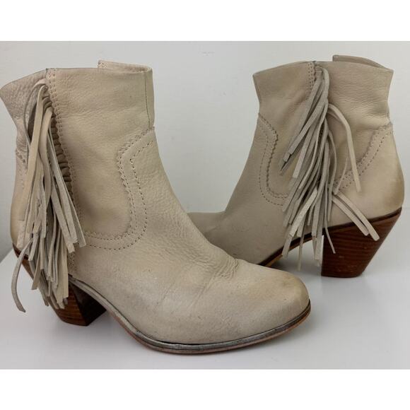 SAM EDELMAN Louie Beige Suede Side Zip Western Fringe Stacked Heel Boot Size 7 - Picture 2 of 6